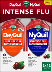 Vicks DayQuil & NyQuil Intense Flu Liquid, Value Pack, Over-the-Counter, Multi-Symptom, Powerful Relief for Body Aches, Fever, Headache, Sore Throat, and Cough, 6 Hour Relief, Cherry Flavor, 12 FL OZ