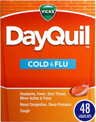 Vicks DayQuil Cold & Flu Medicine, Non-Drowsy Powerful Multi-Symptom Daytime Relief for Headache, Fever, Sore Throat, Minor Aches and Pains, Nasal Congestion, Sinus Pressure and Cough, 48 Liquicaps