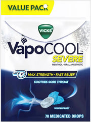 Vicks VapoCool Severe Medicated Sore Throat Drops, Max Strength Menthol, Soothes Sore Throat Pain, Winterfrost Flavor, 70 Count
