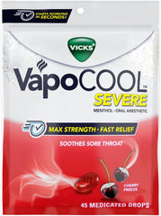 Vicks VapoCool Severe Medicated Sore Throat Drops, Max Strength Menthol, Soothes Sore Throat Pain, Cherry Flavor, 45ct (Pack of 9)