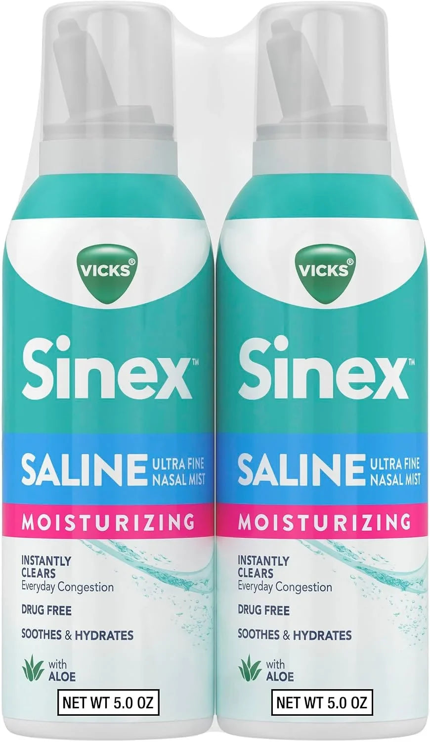 Vicks Sinex Saline Moisturizing Nasal Spray, with Aloe, Drug Free Ultra Fine Mist, Clear Everyday Sinus Congestion Fast, Clear Mucus from a Cold or Allergy, 5 OZ x 2