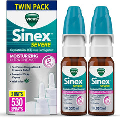 Vicks Sinex Severe Nasal Spray, Moisturizing Ultra Fine Mist with Aloe, Decongestant Medicine, Relief from Stuffy Nose Due to Cold or Allergy, Nasal Congestion & Sinus Pressure Relief, 265 Sprays x 2