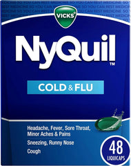 Vicks NyQuil Cold & Flu Relief Over-the-Counter Medicine, Powerful Multi-Symptom Nighttime Relief for Headache, Fever, Sore Throat, Aches, Sneezing, Runny Nose & Cough, 48 LiquiCaps