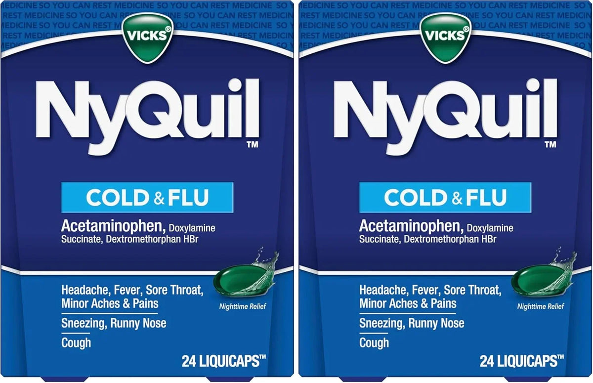 Vicks NyQuil Cold and Flu Relief Liquid Medicine, Powerful Multi-Symptom Nighttime Relief for Headache, Fever, Sore Throat, Minor Aches and Pains, Sneezing, Runny Nose, and Cough, 24 Liquicaps