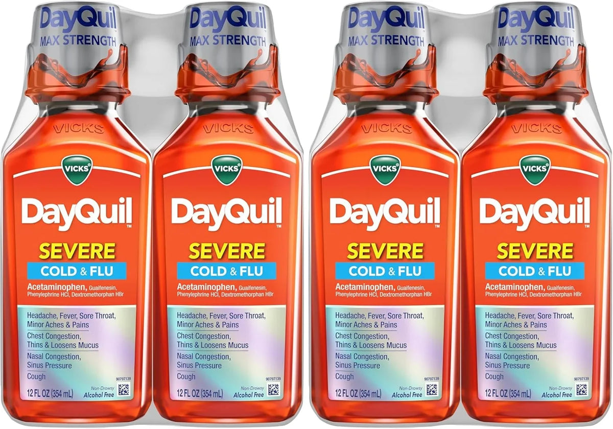 Vicks DayQuil Severe Cold&Flu Liquid Medicine, Daytime Relief for Headache, Fever, Sore Throat, Minor Aches&Pains, Chest Congestion, Stuffy Nose, Nasal Congestion, Sinus Pressure&Cough 2ct (Pack of 2)