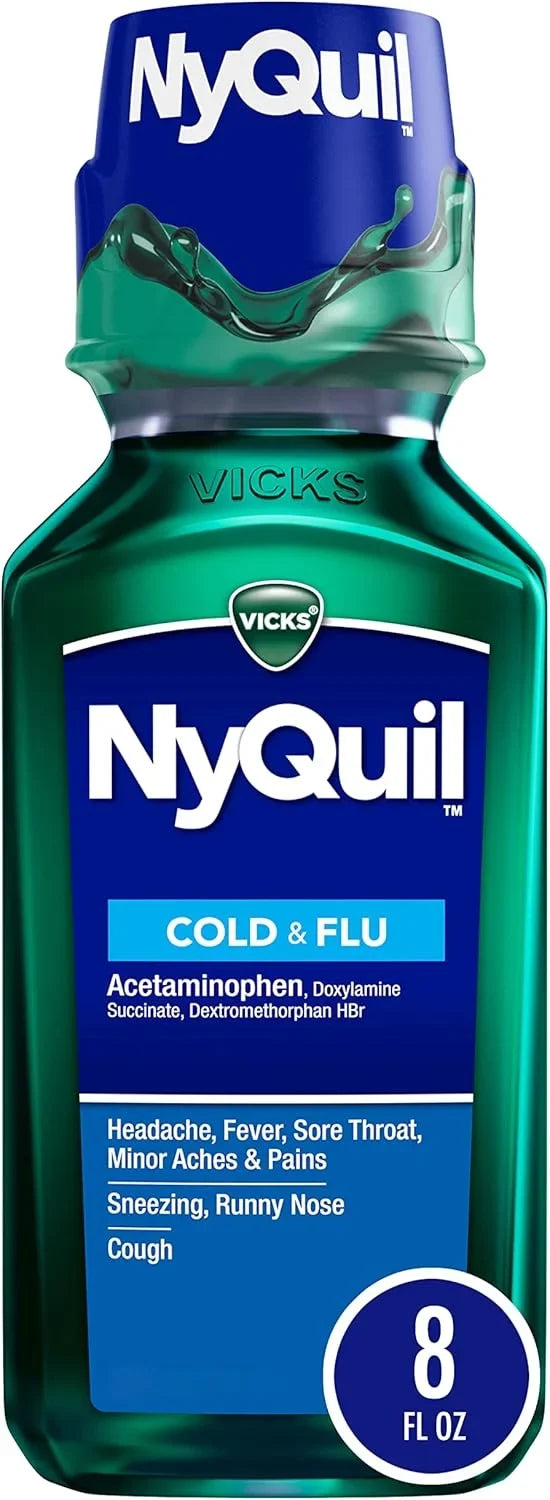 Vicks NyQuil Cold and Flu Relief Liquid Medicine, Powerful Multi-Symptom Nighttime Relief for Headache, Fever, Sore Throat, Minor Aches and Pains, Sneezing, Runny Nose, and Cough, 8 FL OZ