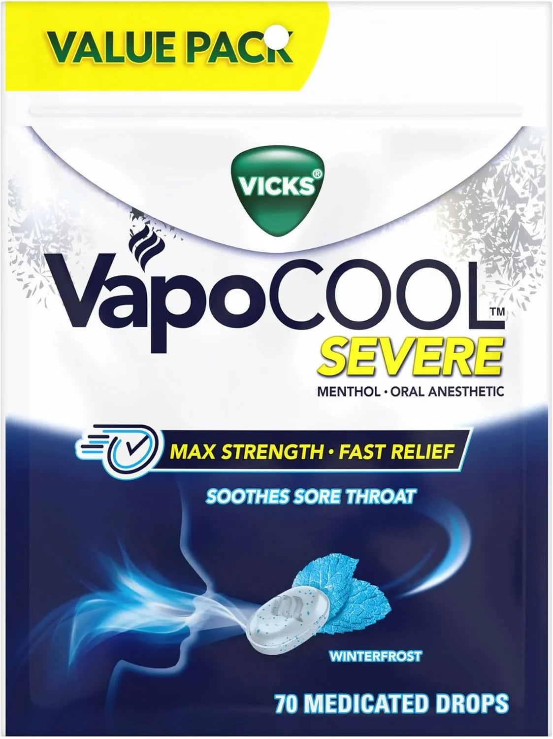 Vicks VapoCool Severe Medicated Sore Throat Drops, Max Strength Menthol, Soothes Sore Throat Pain, Winterfrost Flavor, 70 Count