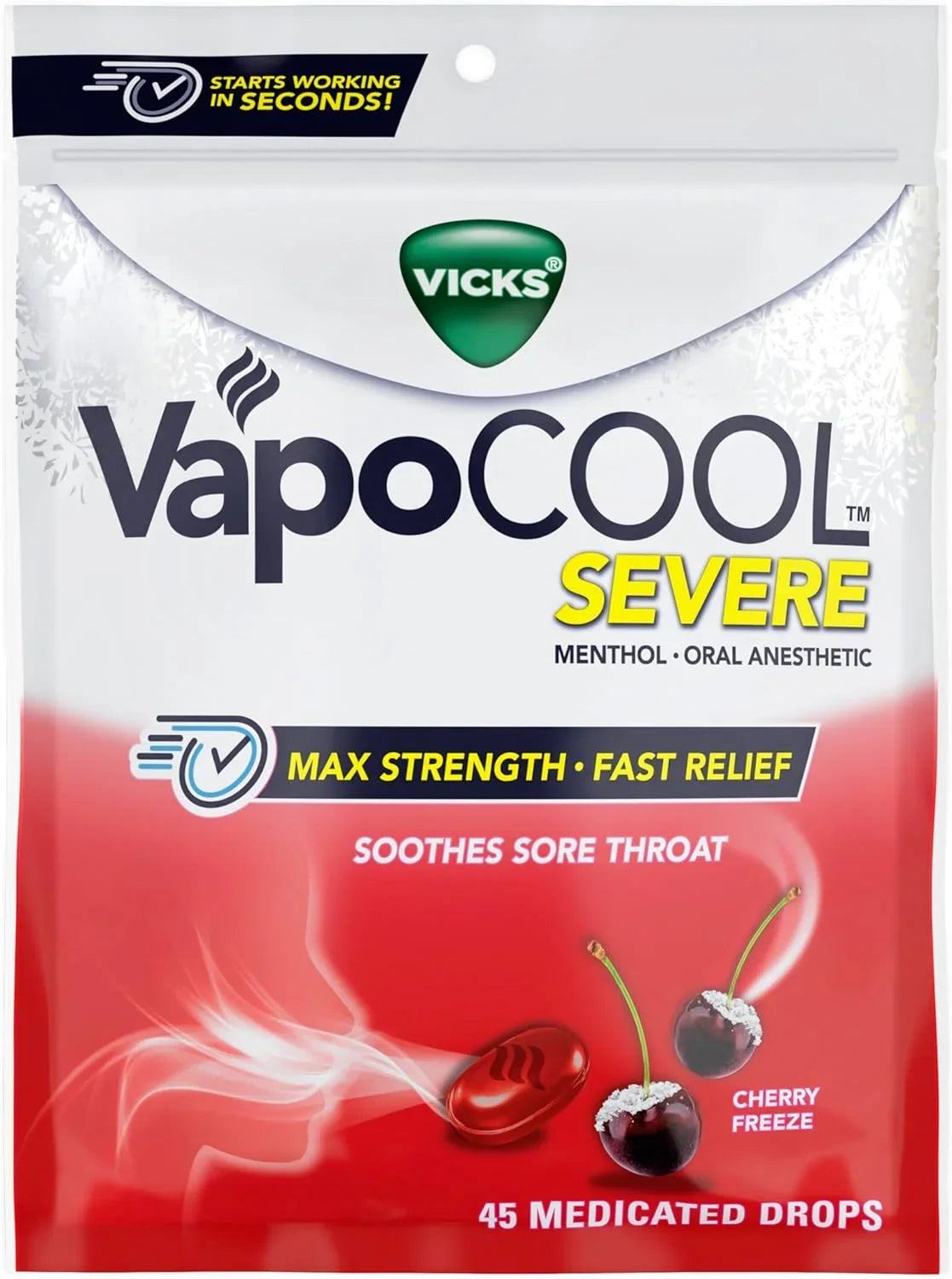 Vicks VapoCool Severe Medicated Sore Throat Drops, Max Strength Menthol, Soothes Sore Throat Pain, Cherry Flavor, 45ct (Pack of 9)
