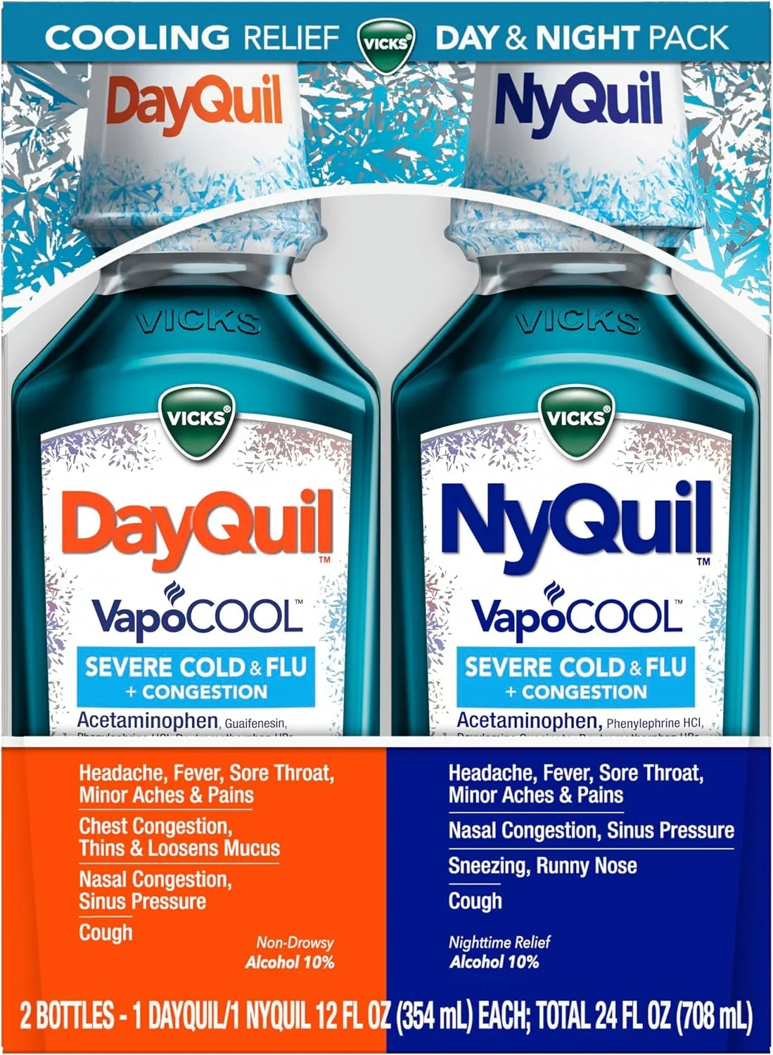 Vicks DayQuil and NyQuil VapoCOOL SEVERE Combo Cold & Flu + Congestion Medicine, Max Strength Relief For Fever, Sore Throat, Nasal Congestion, Sneezing, Cough, 2 x 12 oz Bottles, 1 NyQuil, 1 DayQuil