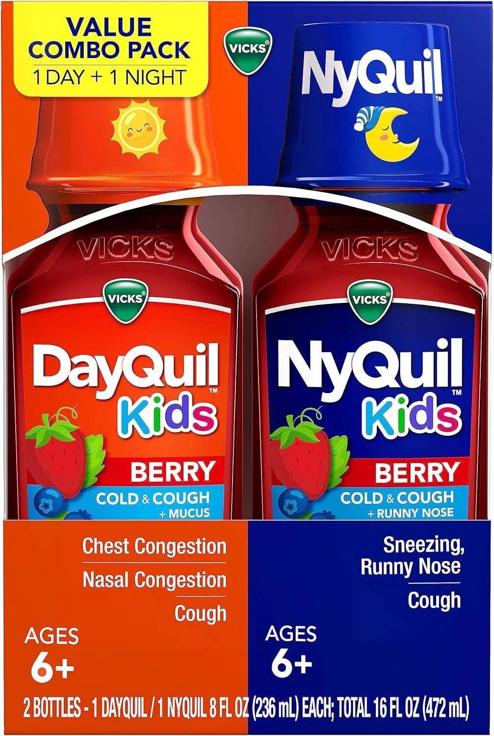 Vicks Kids Dayquil& Nyquil Berry Cold & Cough Medicine Co-Pack,Daytime & Nighttime Relief of Multiple Symptoms, Great-Tasting Berry Flavor, Free of-Alcohol &Acetaminophen,for Ages 6+, 8Oz (Pack of 12)